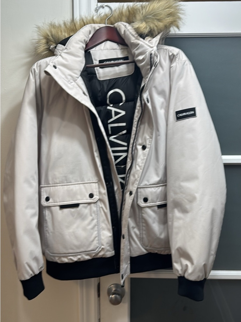Calvin Klein Men's Cream Puffer Jacket with Faux Fur Trim